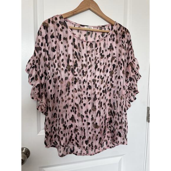 Umgee Metallic Cheetah Print Pink Brown Gold Ruffle Boho Glam Top Size Small - Picture 4 of 10